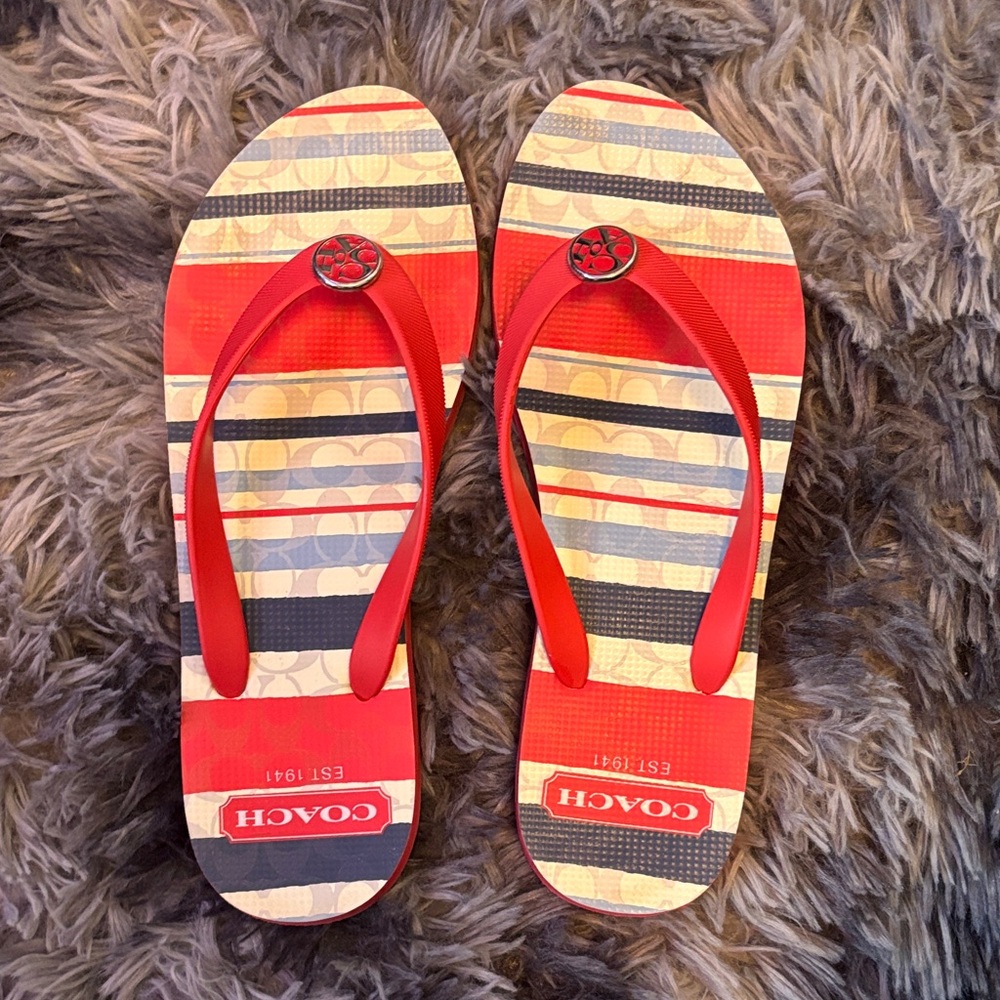 Coach Alessa Striped Flip Flops with Logo Emblem – Women’s 7–8 - Picture 2 of 3